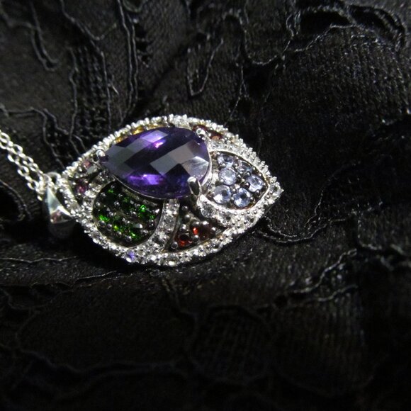 3.60 ctw Amethyst, Vermelho garnet, Bixbite ++ pendant & chain Silver New in Pkg - Picture 4 of 16